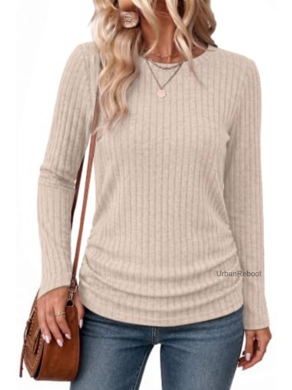 Side Ruched Long Sleeve Ribbed Knit Tunic Top - Picture 2 of 6